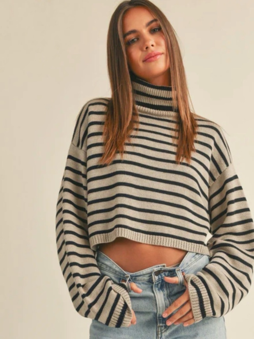 Miou Muse Striped Cropped Turtleneck Sweater - Black & Cream women’s size S